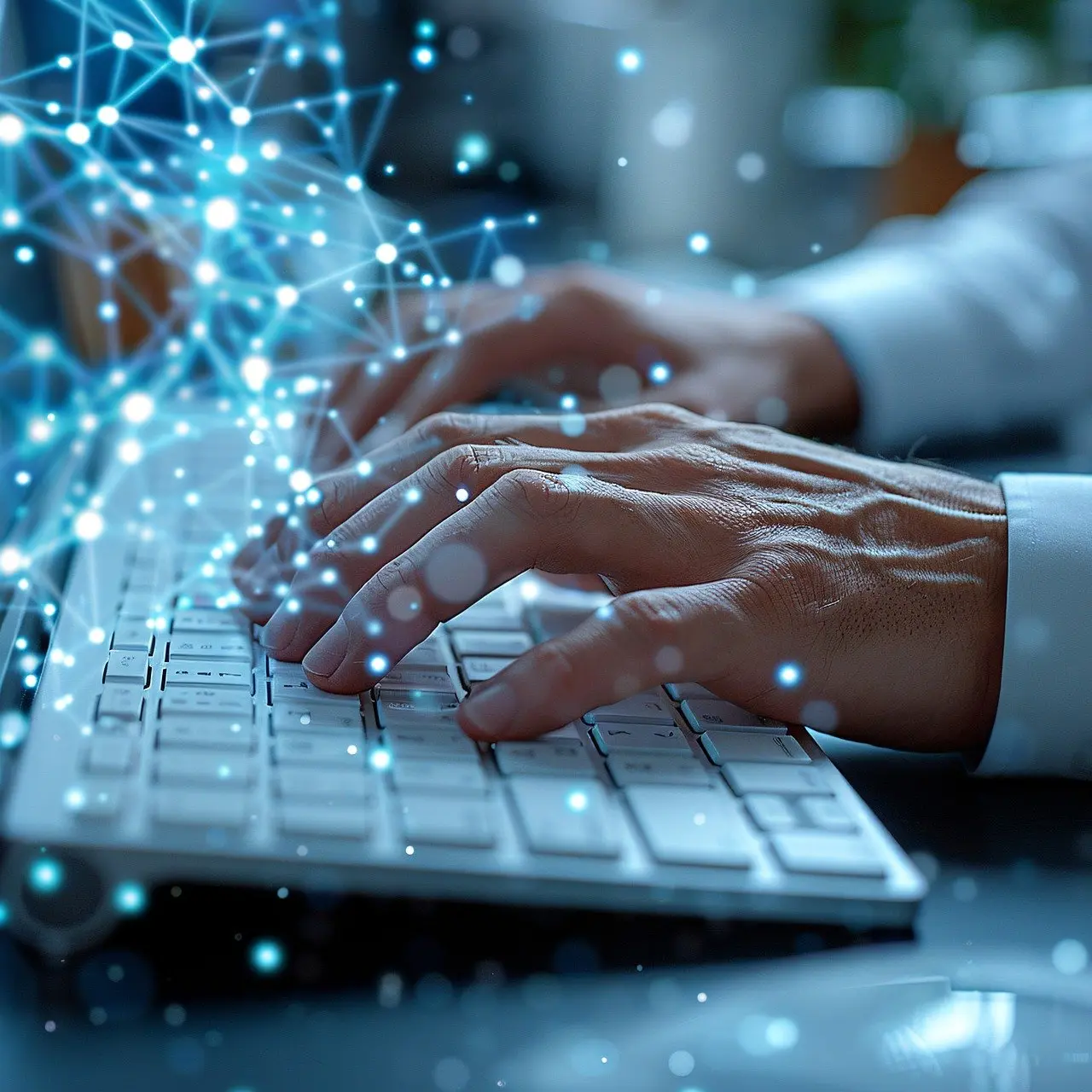 Close-up of hands working on a connected computer keyboard, representing responsible digital processing.